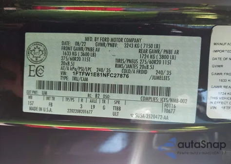 2022 Ford F150 Xlt z USA, uszkodzony, nr VIN 1FTFW1E81NFC27876